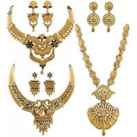 THE OPAL FACTORY South Indian Jewellery Long Necklace Set And 2 Choker Set With Earrring For Women And Girls