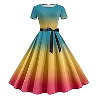 Pink Wedding Guest Dress for Women,Women Print Round Neck Short Sleeve 1950s Evening Party Prom Dress Womens Ca