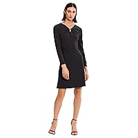 Donna Morgan Women's Long Sleeve Fit and Flare Crepe U-Ring Trim Dress Workwear Career Office Event Guest of