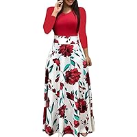 Maxi Dress for Women,2024 Spring Summer Elegant Bodycon Long Sleeve Crewneck Beach Dress,Trendy Floral Flowy Boho Dress