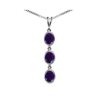 Beautiful Jewellery Company BJC® Solid 9ct White Gold Natural Amethyst Triple Drop Oval Gemstone Pendant 4.50ct & 9ct White Gold Curb Necklace Chain