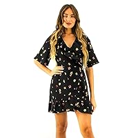 Women's Day-to-Night Half Sleeve Polyester Floral Wrap Mini Dress Black, 6 Pieces (1*XS, 2*S, 2*M, 1*L)