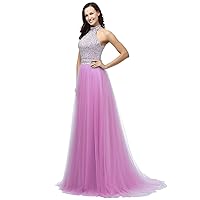 Women's Luxury Halter Beaded Formal Prom Dress A-Line Tulle Sleeveless Evening Party Gowns