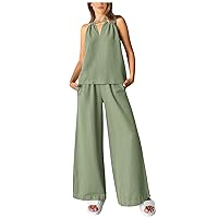 Women's Summer Two Piece Outfits Casual Cotton Linen Sets Cutout Sleeveless Tank Top Wide Leg Pants Matching Set