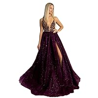 Sequins V-Neck Prom Dress for Women Long Tulle Spaghetti Straps Cocktail Dresses with Slit Evening Gowns Formal