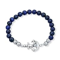 Bling Jewelry Bali Vacation Style Nautical Tropical Navy Blue Lapis Lazuli Nautical Rope Boat Anchor Blue Turquoise Fish Pisces Zodiac Charm Bead Stretch Bracelet For Women Teens Silver Plated