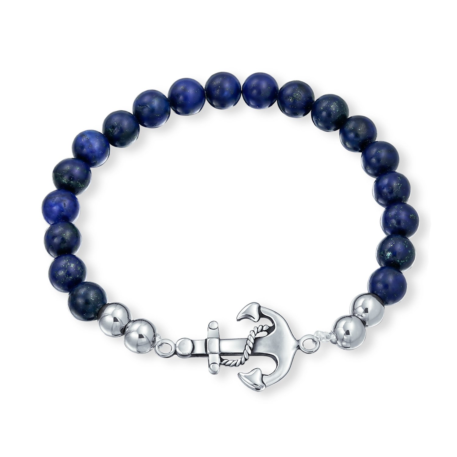 Bling Jewelry Bali Vacation Style Nautical Tropical Navy Blue Lapis Lazuli Nautical Rope Boat Anchor Blue Turquoise Fish Pisces Zodiac Charm Bead Stretch Bracelet for Women Teens Silver Plated