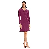 Donna Morgan Women's Long Sleeve Fit and Flare Crepe U-Ring Trim Dress Workwear Career Office Event Guest of, Raspberry Radiance