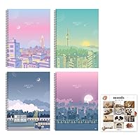 Cute Korean Aesthetic Blank Unlined Spiral Planning Drawing Notebook/Journal for girls, Women, College, School - 90p each, 7.4” x 10.2”, 4 Count (cocktail lights, enchanted, last bus, still awake)