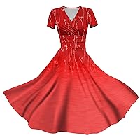 4Th Date Night Classy Flowy Dress Woman Summers Short Sleeve Comfort Cotton Tunic Dress Ladies Floral Pleated Red M