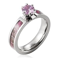 Women's 5mm Titanium Pink Tree Camo Wedding Ring With Prong Setting Pink Brilliant Gemstone