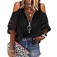 Cnkwei Womens Cold Shoulder V-Neck Blouses Zip Up Mesh Panel Loose Casual Shirts