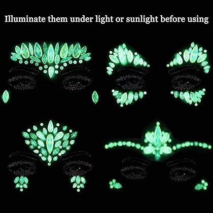 COKOHAPPY 6 Sets Noctilucent Face Jewels Tattoo Rhinestone Mermaid - Body Stickers Glow in the Dark Luminous Face Gems Fluorescent Crystals Sticker Body Jewelry for Halloween