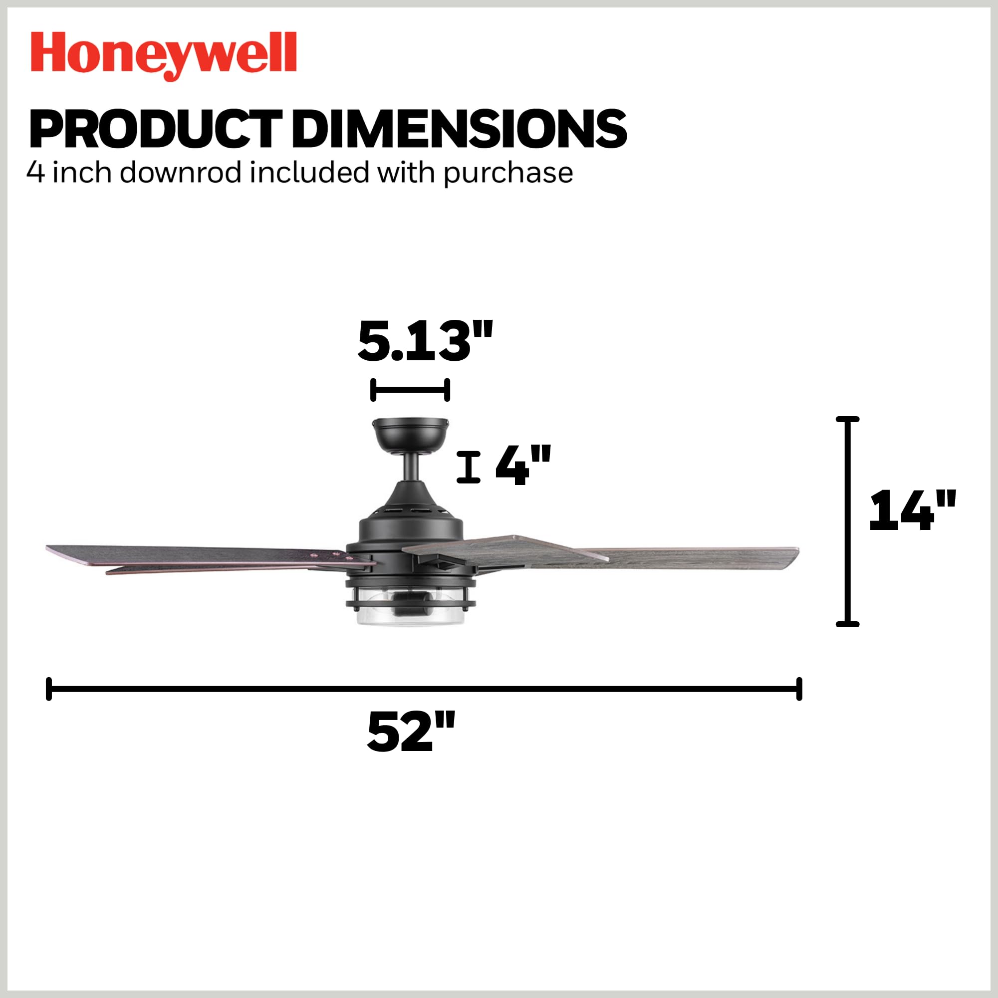 Honeywell Ceiling Fans Myers Park, 52 Inch Contemporary Indoor LED Ceiling Fan with Light, Remote Control, Dual Mounting Options, 5 Dual Finish Blades, Reversible Airflow - 51861-01 (Matte Black)