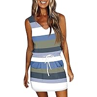 Summer Dress Floral Sundresses for Women 2024 Striped Print Casual Fashion Slim Fit with Waistband Short Sleeve V Neck Summer Dress Blue Medium