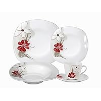 Stylish and Elegant 20 Pieces Porcelain Square Dinnerware Set Service for 4 People for Hosting Parties and Events - Fun Red and Tan Floral Design