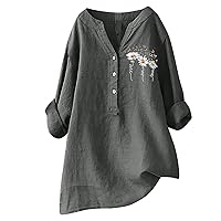 Cotton Linen Shirts for Women Long Sleeves Floral Button Up Blouse Tops V Neck Loose Tunic Tees Fall Summer Cloth