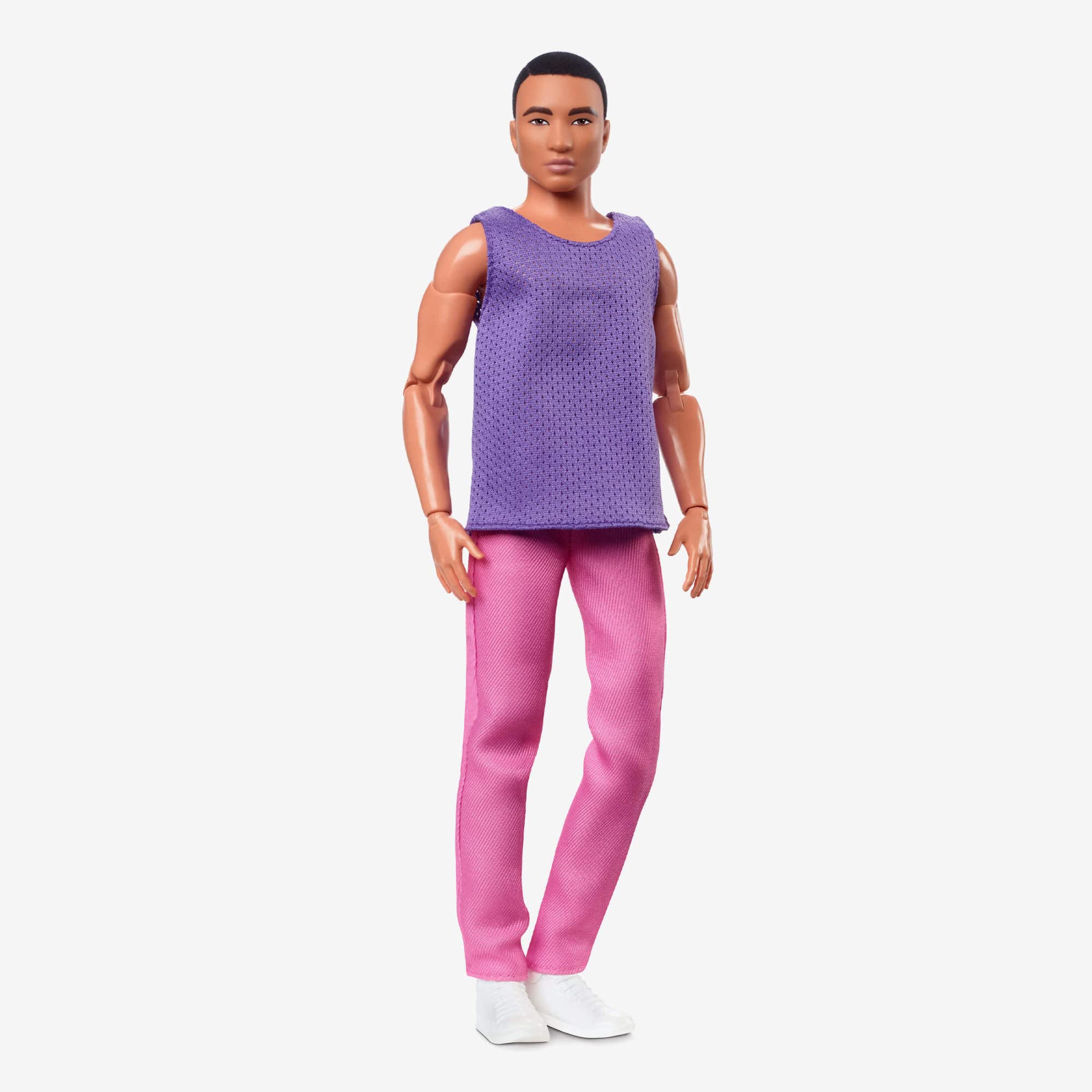 Barbie Looks Ken Doll with Black Hair Dressed in Purple Mesh Top and Pink Trousers, Posable Made to Move Body