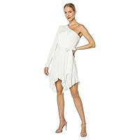 BCBGMAXAZRIA Women's Short Evening Fit and Flare One Long Bishop Sleeve Asymmetrical Hem Tie Front Dresses