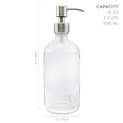 Cornucopia 16-Ounce Clear Glass Boston Round Bottles w/Stainless Steel Pumps (2 Pack), Soap Dispenser Great for Essential Oils, Lotions, Liquid Soaps