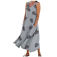 Plus Size Dresses for Women Beach Maxi Summer Cotton Linen Fashion Casual Print Solid Colour Sleeveless Pocket Dress