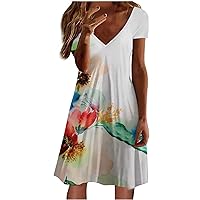 Boho Floral Print Dresses for Women Casual Dressy, Short Sleeve V Neck Tshirts Dresses Summer Loose Comfy Beach Sundress