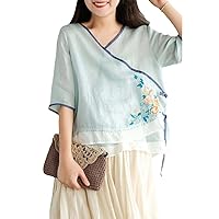 V-Neck Embroidery T-Shirt Women Chinese Style Loose Floral Shirts Belt Tops Ramie Blouses Autumn Hanfu Tang Suit