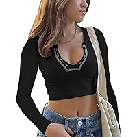 Women Knit Long Sleeve Crop Tops V Neck Ribbed Slim Fit Tee T Shirt Sexy Blouses Retro Going Out Streetwear