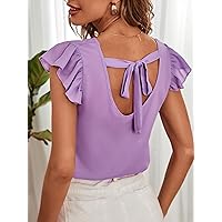 Womens Summer Tops Butterfly Sleeve Tie Back Blouse (Color : Lilac Purple, Size : Large)