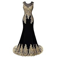 Women's 2019 Crystals Gold Lace Mermaid Evening Dresses Long Sheer Illusion Neck Formal Prom Gowns