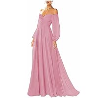 Women's Long Sleeve Prom Dresses V-Neck Pleated A Line Chiffon Off The Shoulder Ball Gown Long Wedding Dress Formal Dusty Pink