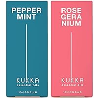 Peppermint Oil for Hair Growth & Rose Geranium Oil for Skin Set - 100% Nature Therapeutic Grade Essential Oils Set - 2x0.34 fl oz - Kukka