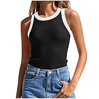 Women's Summer Tank Top Ribbed Knit Crewneck Sleeveless Color Block Slim Fitted Tops Basic Undershirt Casual Tee Shirts