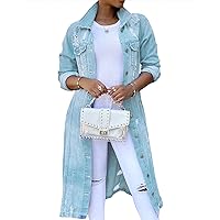 Women's Casual Distressed Denim Solid Color Long Sleeve Ripped Jean Jacket Hole Over Knee Midi Long Trench Coat