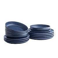 Porto by Stone Lain Macchio 12-Piece Dinnerware Set Stoneware, Blue Matte, Crafted in Portugal, Scratch-Resistant