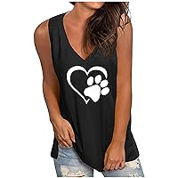 Women's Dog Paw Love Heart Tank Tops Dog Lover Shirts Cute Dog Mom Tops Summer Casual Sleeveless V Neck T-Shirt