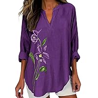 Women's Fashion V Neck Long Sleeved Purple Floral Printed Top Striped Tee Shirt Plus Size