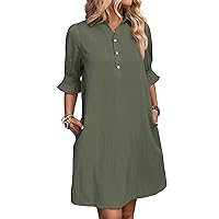 FENSACE Womens Casual Shirt Dress Ruffle Sleeve Solid Color Button Down Shift Summer Dress with Pockets