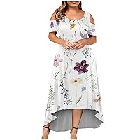 Women's Plus Size Cold Shoulder Floral Dresses V Neck Wrap Maxi Dress High Waist Ruffle Summer Casual Dress