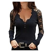 Womens Tops Plus Size Lace Trim V Neck Tunic Tops Slim Fit Knit Pullover Blouse Sexy Hollow Out Long Sleeve T Shirts