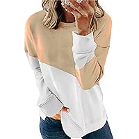 Women's Round Neck Contrast Casual Tunic Loose Color Block Tunic Tops Casual Long Sleeve Shirts Pullover