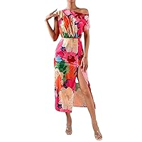 Women Summer Dresses 2023 Floral Print Asymmetrical Neck Split Thigh Midi Dress