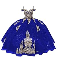 Gold Embroidered Patterned Glitter Tulle Off Shoulders A line Prom Quinceanera Dresses Mexican 2024 Charro with Sleeves