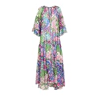 Summer Runway Bohemain Beach Long Dress Women's Bow Tie O-Neck Flare Sleeve Floral Print Chiffon Loose Dress