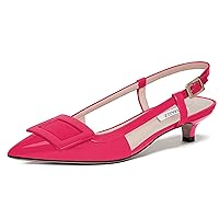 Women's Slingback Patent Pointed Toe Kitten Metal Rectangle Buckle Low Heel Pumps Ladies Evening Dress Shoes 1.5 Inch