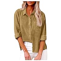 Button Down Shirts for Women 2024 Casual Cotton Linen Work Blouses Trendy Long Sleeve Solid Shirt Tops with Pockets