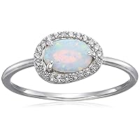 Amazon Collection Rhodium Plated Sterling Silver Oval Created Opal Halo Ring, Size 7