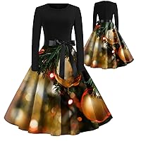 Women's Sexy Christmas Outfits Print Flare Dress Long Sleeve Dress Party Casual Dresses