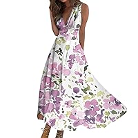 Dresses for Women 2024 Floral Boho Summer Fashion Print V-Neck Sleeveless Waist Tie Dress