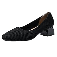 Women's Knit Square Toe Chunky Heel Pumps,Classic Woven Low Heel Closed Toe Anti-Slip Comfortable Slip On Wedding Party Office Casual Dress Shoes